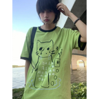 Green Harajuku Cat Print T-Shirt – Y2K Fairycore Grunge Tee - T-Shirts - Short - Crew - Unisex T-Shirts - 3