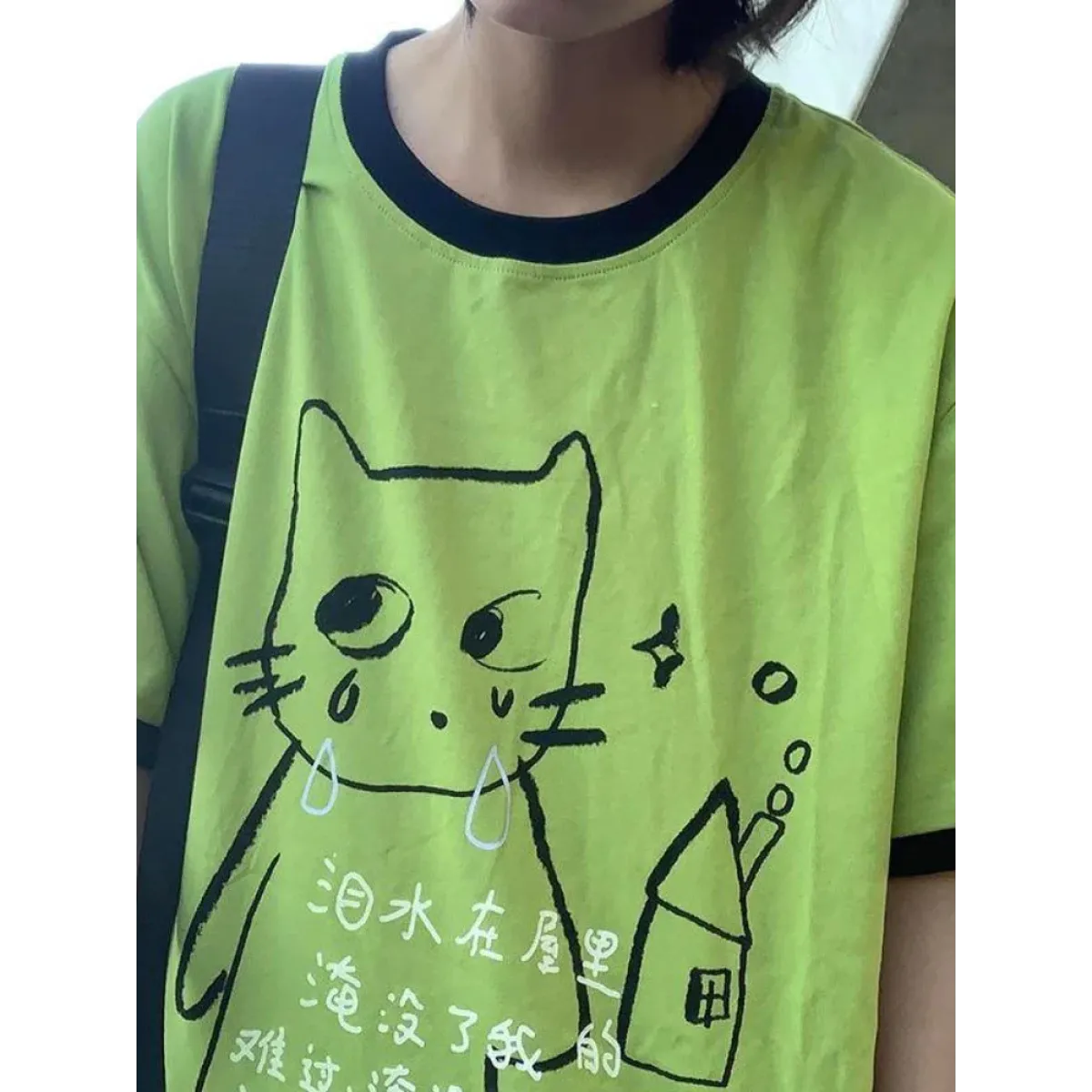 Green Harajuku Cat Print T-Shirt – Y2K Fairycore Grunge Tee - T-Shirts - Short - Crew - Unisex T-Shirts - 2