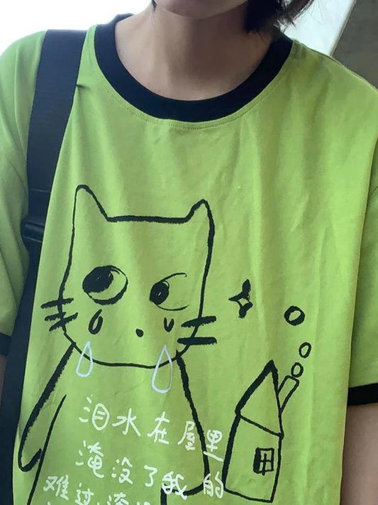 Green Harajuku Cat Print T-Shirt – Y2K Fairycore Grunge Tee - T-Shirts - T-Shirts - 2025 - 2 - Worldwide Shipping