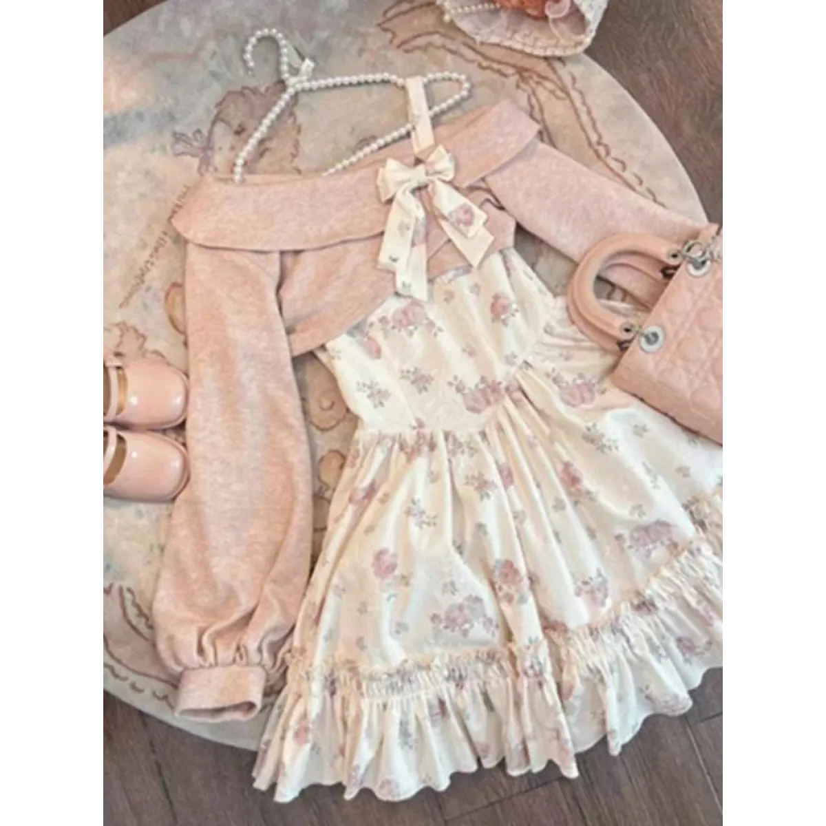 Y2K Sweet Bow Corduroy Top & Floral Dress Set – Gentle Slim Fit - All Dresses - Clothing Sets - 1