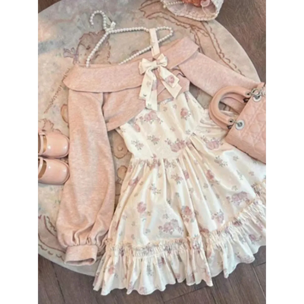 Y2K Sweet Bow Corduroy Top & Floral Dress Set – Gentle Slim Fit - All Dresses - Clothing Sets - 1
