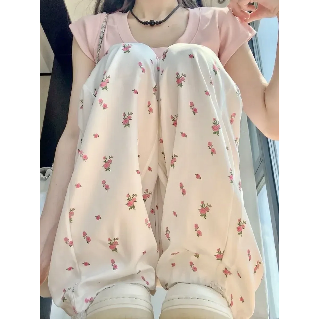 Y2K Floral Print Wide Leg Cargo Pants - Bottoms - Cargo Pants - 1