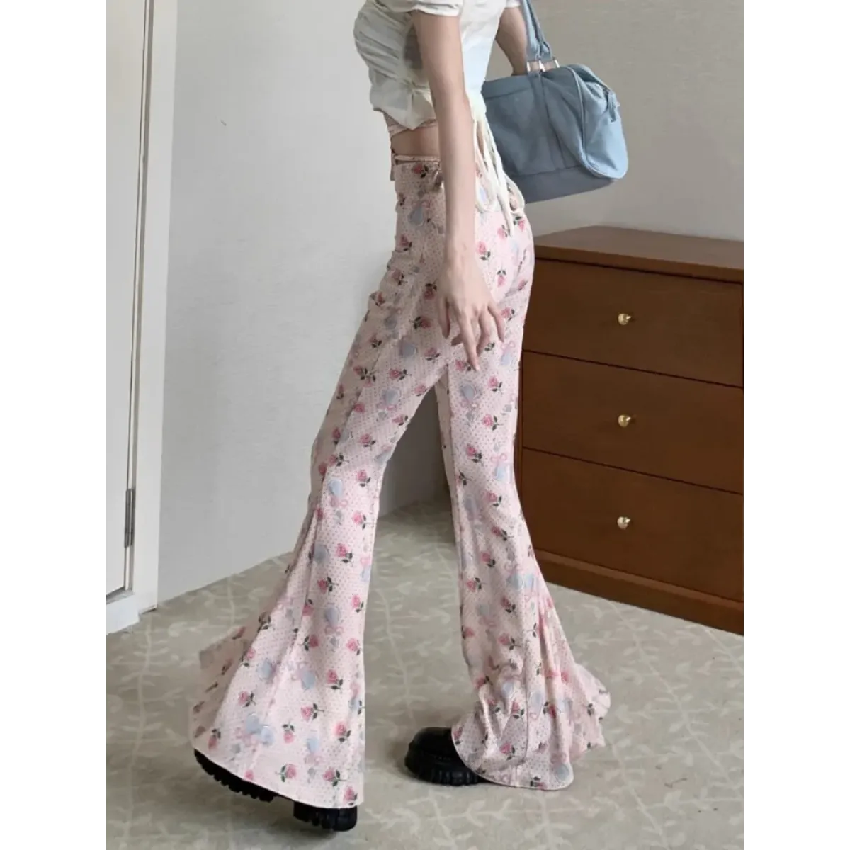 Y2K Floral Ruffle Flare Pants - Bottoms - Pants - 1