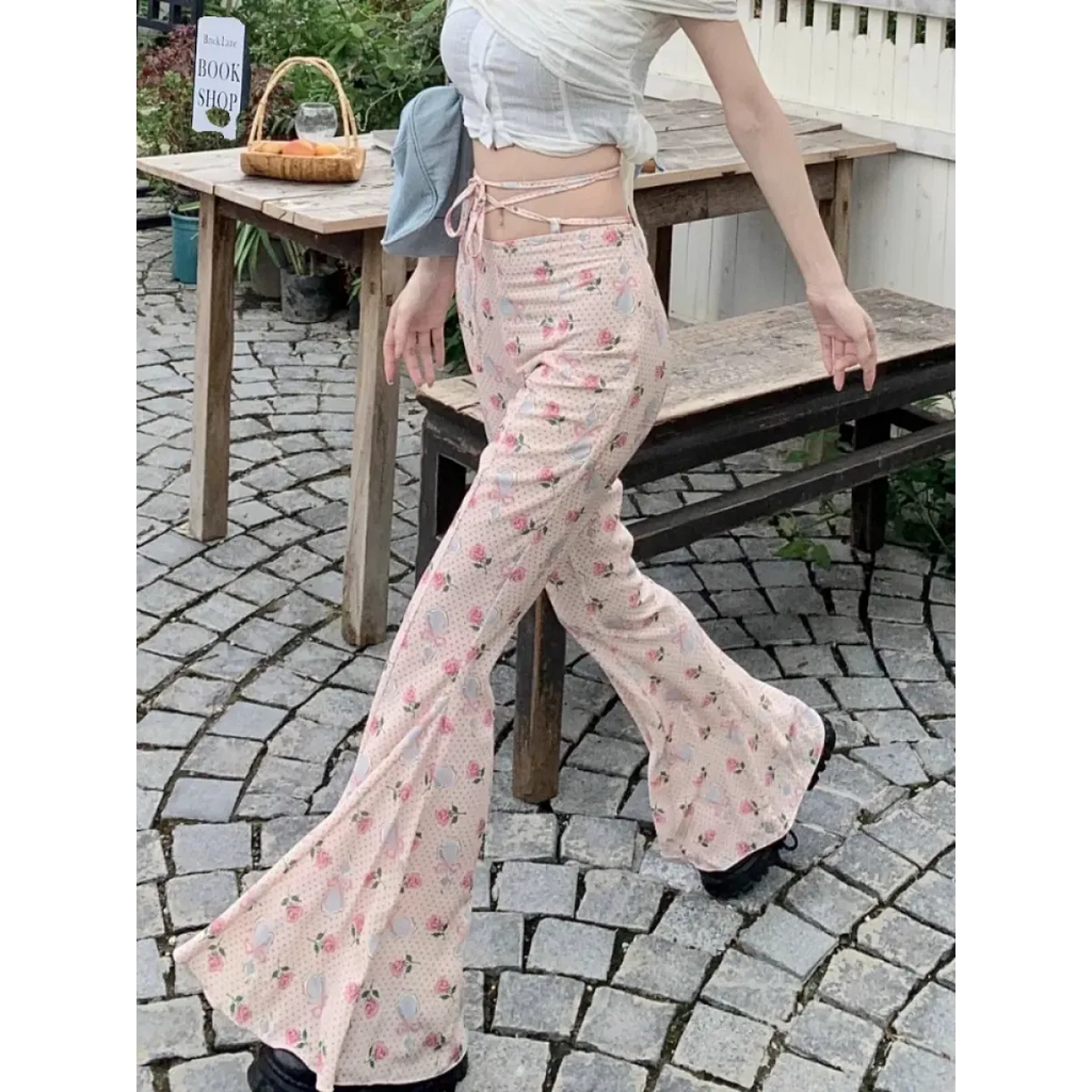 Y2K Floral Ruffle Flare Pants - Bottoms - Pants - 2