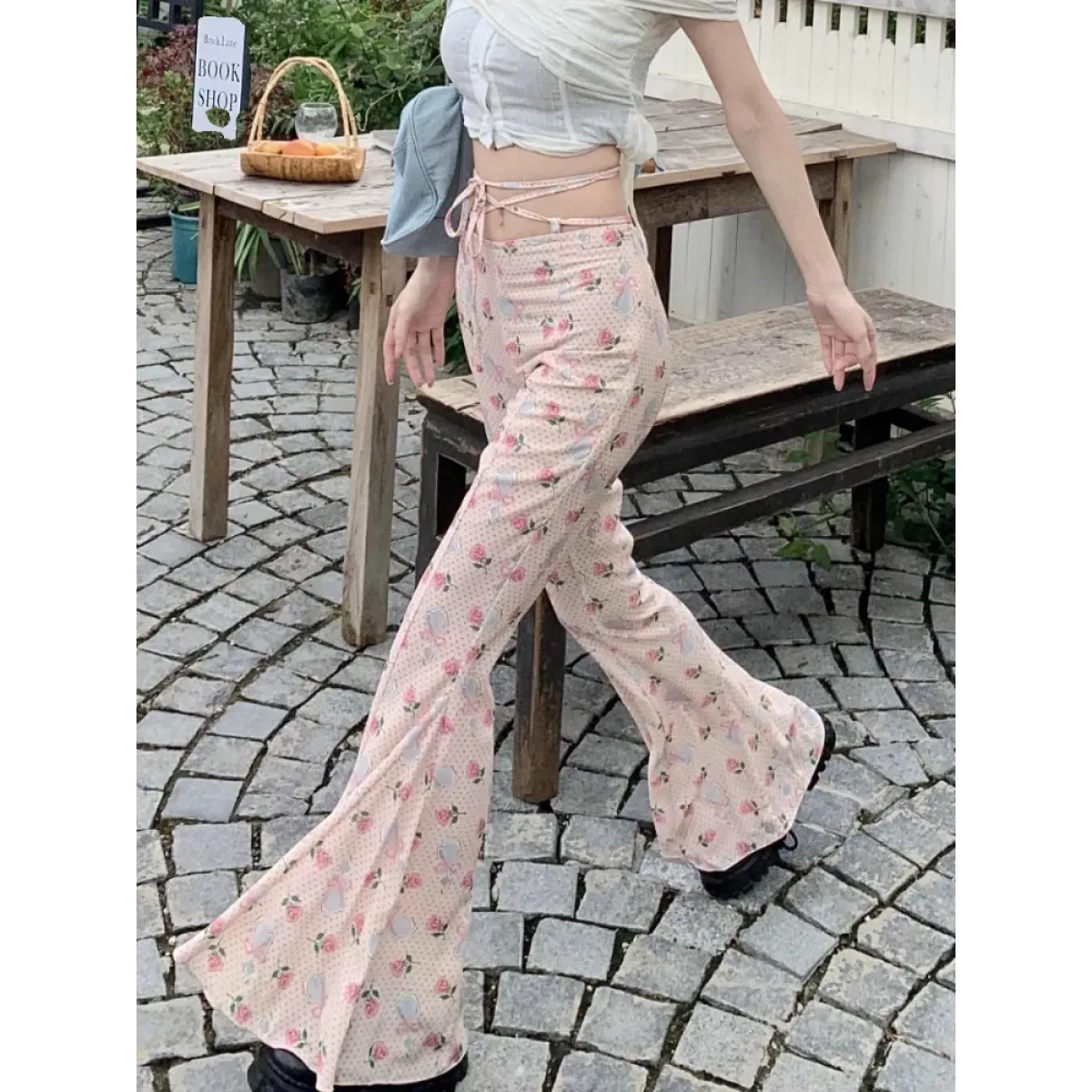 Y2K Floral Ruffle Flare Pants - Bottoms - Pants - 2