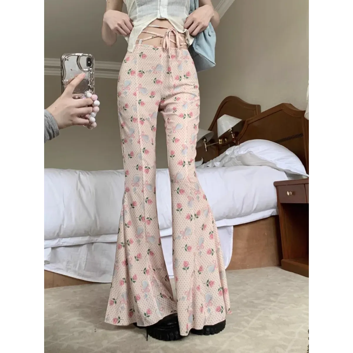 Y2K Floral Ruffle Flare Pants - Bottoms - Pants - 3
