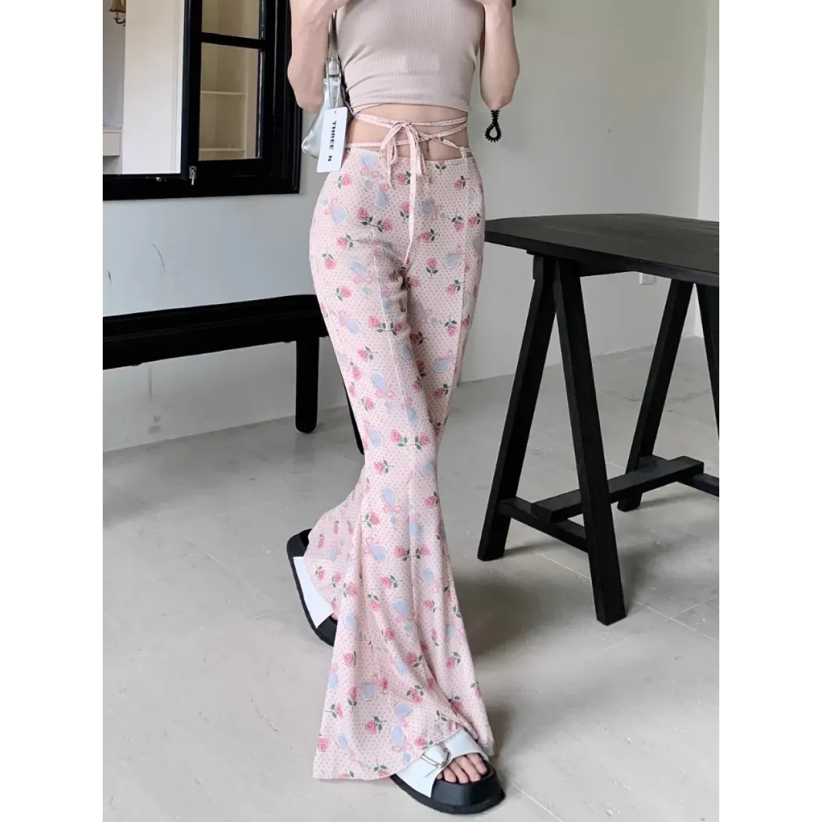 Y2K Floral Ruffle Flare Pants - Bottoms - Pants - 4