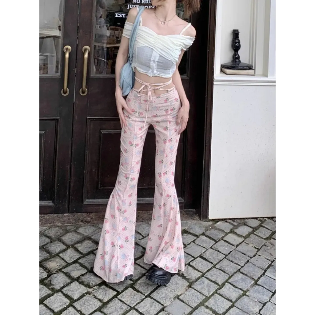 Y2K Floral Ruffle Flare Pants - Bottoms - Pants - 5