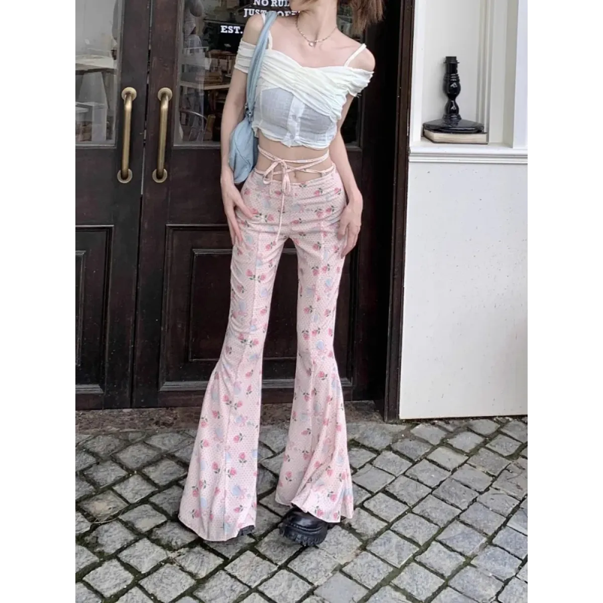 Y2K Floral Ruffle Flare Pants - Bottoms - Pants - 5