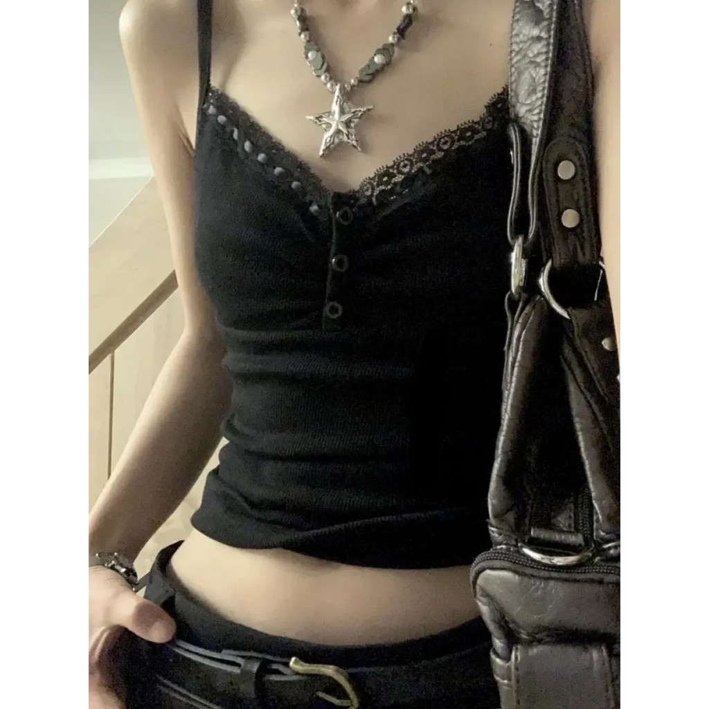 Black Lace Trim Tank Top – Y2K Gothic Coquette Punk Grunge Crop Top - Women’s Clothing & Accessories - Sleeveless