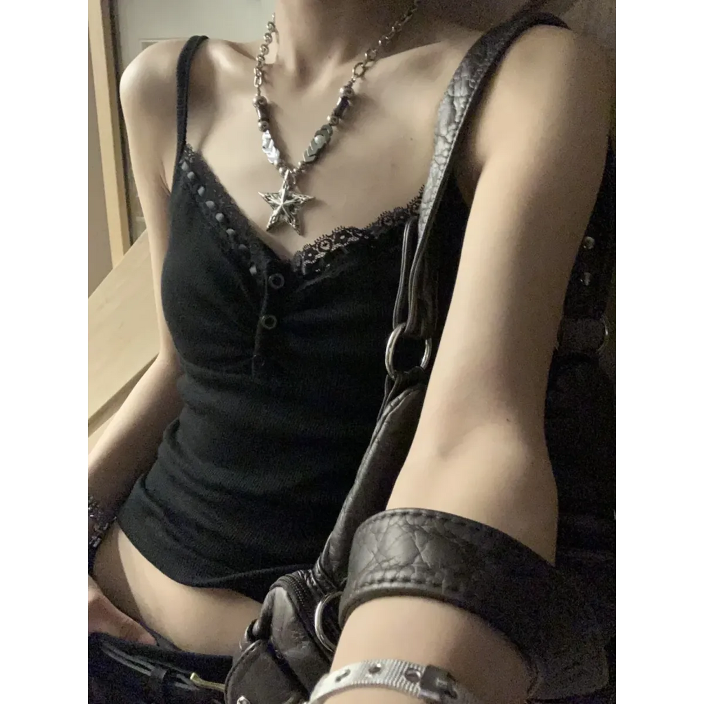 Black Lace Trim Tank Top – Y2K Gothic Coquette Punk Grunge Crop Top - Women’s Clothing & Accessories - Sleeveless