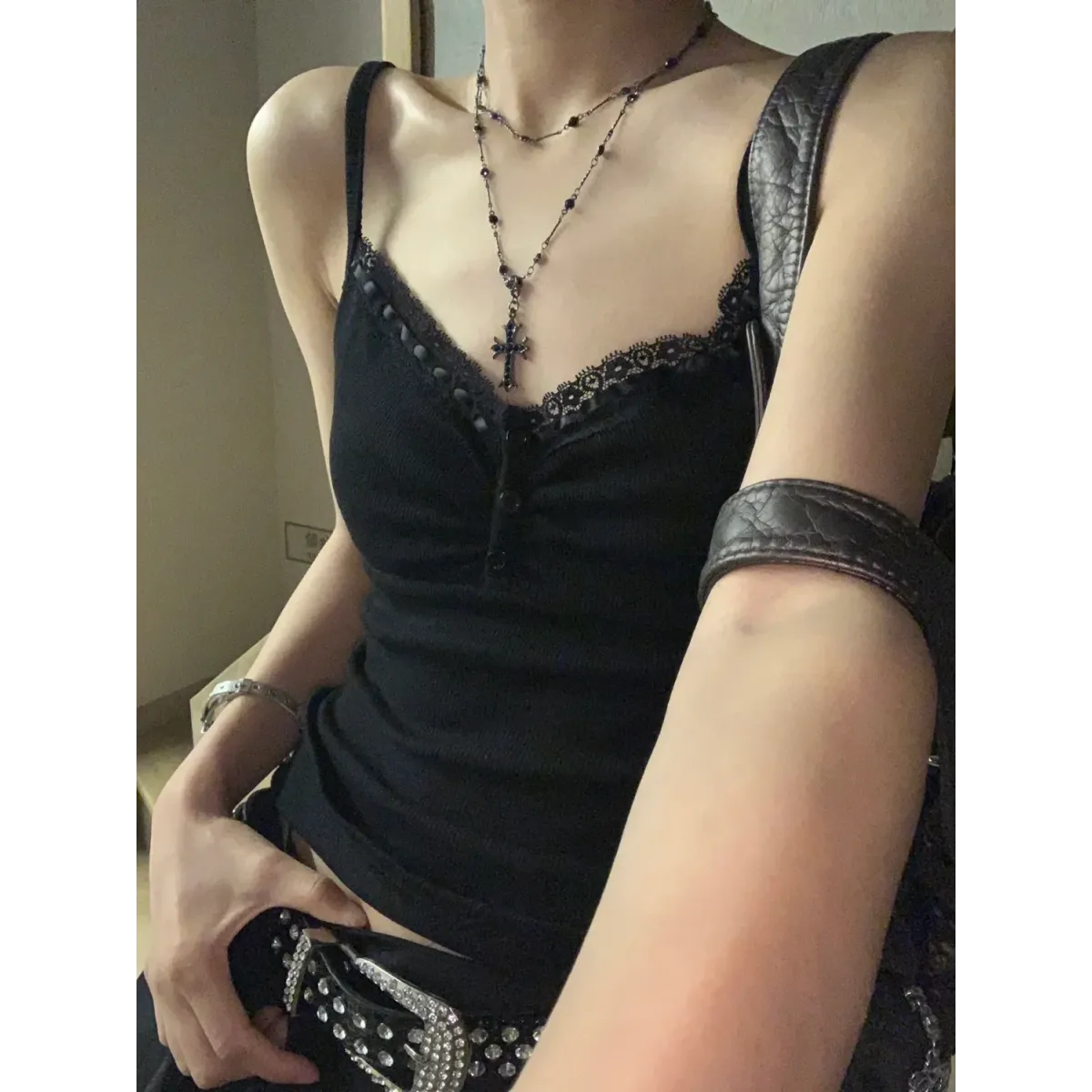 Black Lace Trim Tank Top – Y2K Gothic Coquette Punk Grunge Crop Top - Women’s Clothing & Accessories - Sleeveless