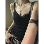 Black Lace Trim Tank Top – Y2K Gothic Coquette Punk Grunge Crop Top - Women’s Clothing & Accessories - Sleeveless