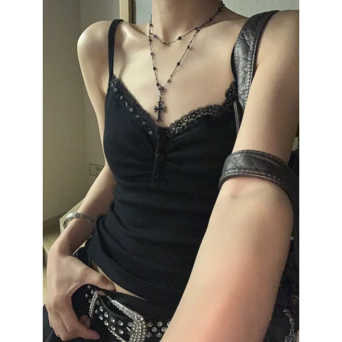 Black Lace Trim Tank Top – Y2K Gothic Coquette Punk Grunge Crop Top - Women’s Clothing & Accessories - Sleeveless