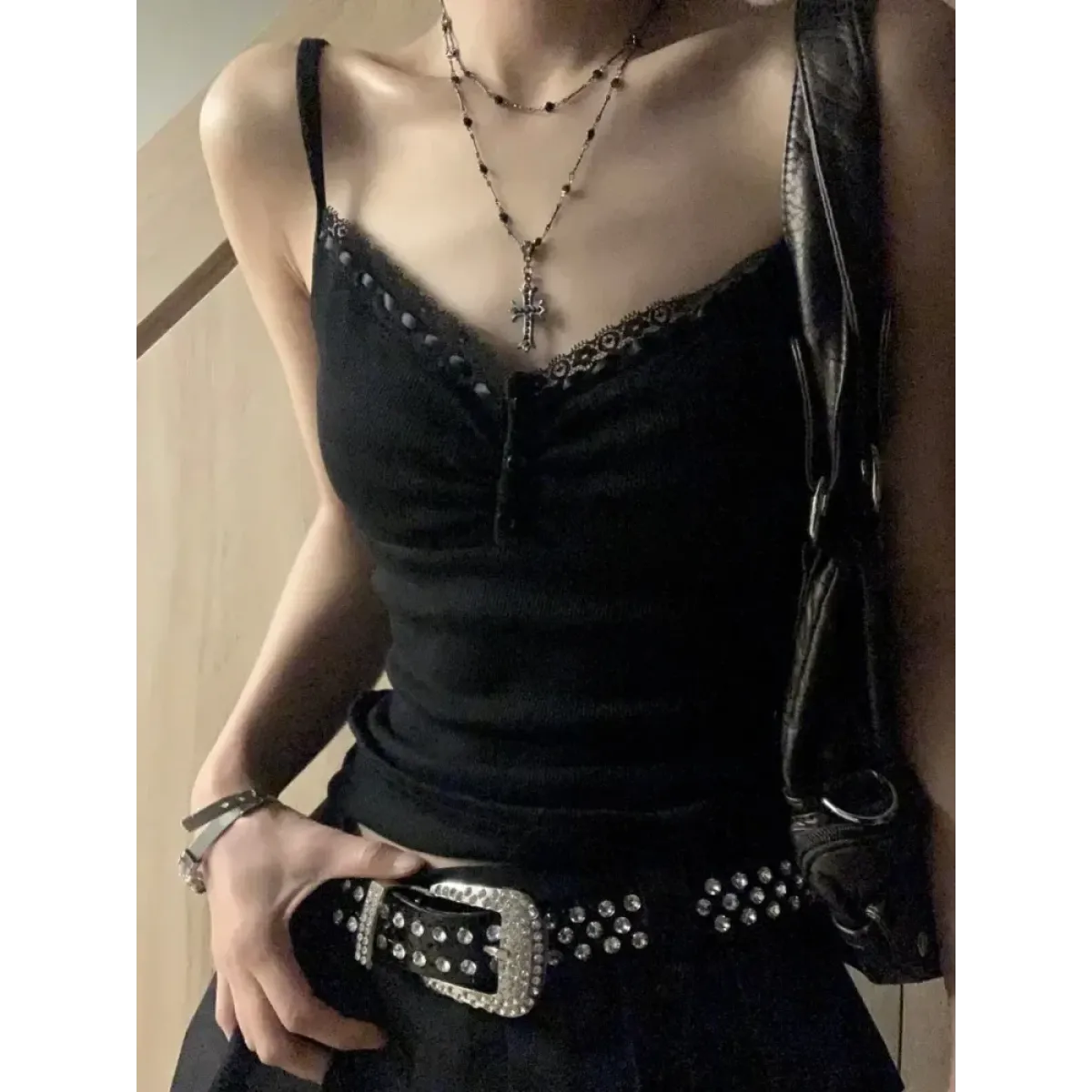 Black Lace Trim Tank Top – Y2K Gothic Coquette Punk Grunge Crop Top - Women’s Clothing & Accessories - Sleeveless