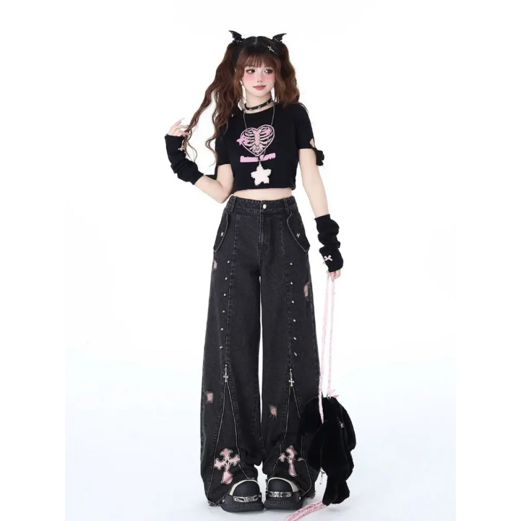 Gothic Y2K Cross Zip Wide-Leg Jeans - Bottoms - Jeans - 3