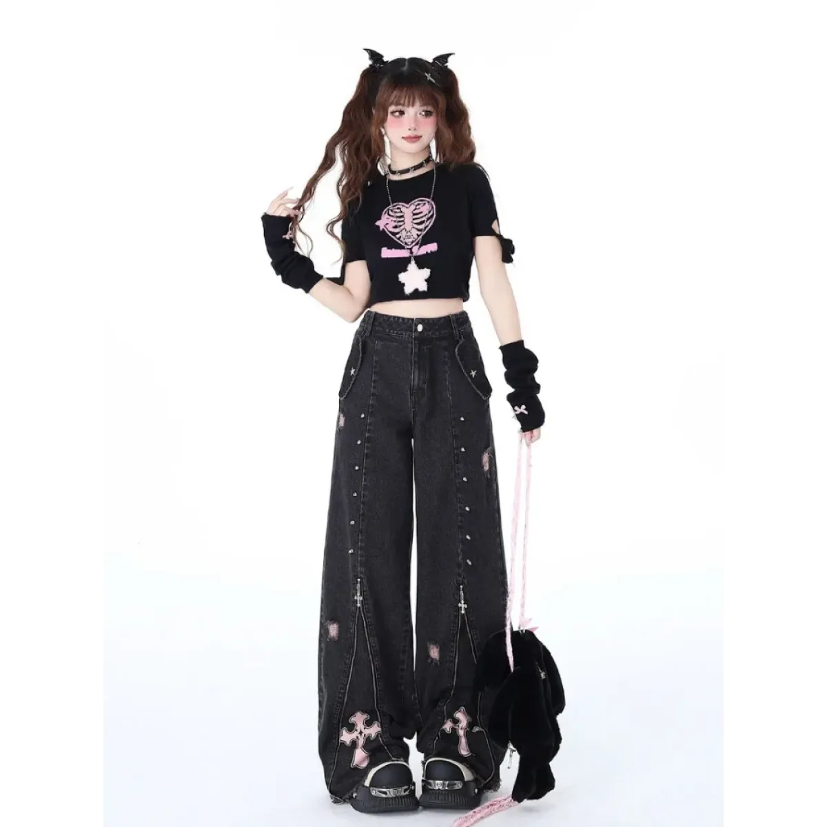 Gothic Y2K Cross Zip Wide-Leg Jeans - Bottoms - Jeans - 3