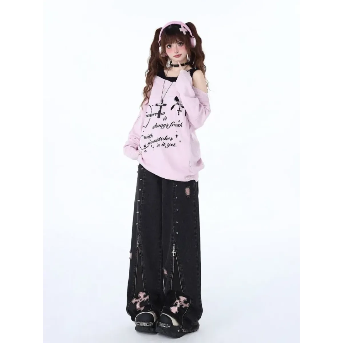 Gothic Y2K Cross Zip Wide-Leg Jeans - Bottoms - Jeans - 4