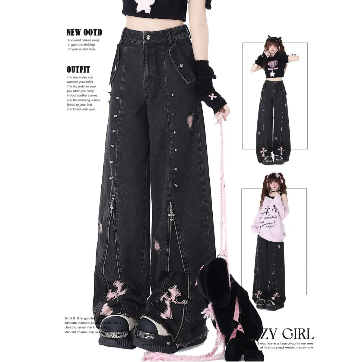 Gothic Y2K Cross Zip Wide-Leg Jeans - Bottoms - Jeans - 6