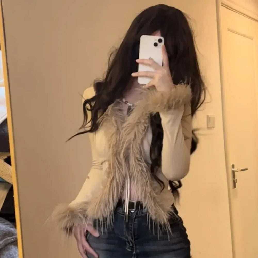 Faux Fur Trim Cardigan – Y2K Gothic Punk Knit Top - Sweaters - Long - V-neck - Cardigans - 1