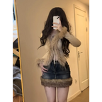 Faux Fur Trim Cardigan – Y2K Gothic Punk Knit Top - Sweaters - Long - V-neck - Cardigans - 3