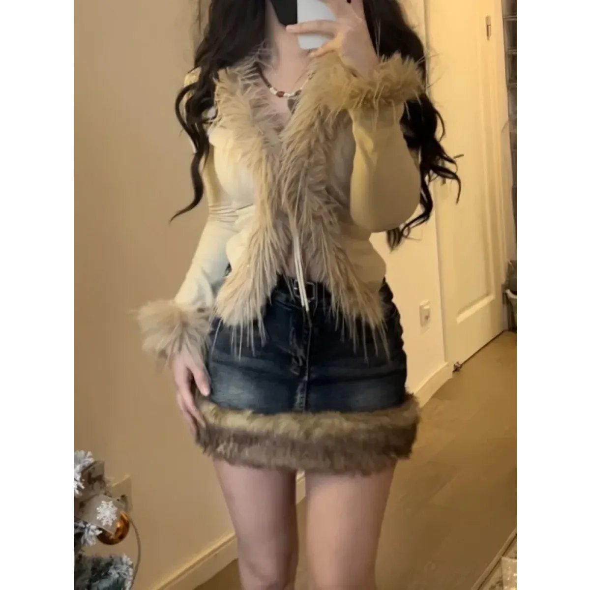 Faux Fur Trim Cardigan – Y2K Gothic Punk Knit Top - Sweaters - Long - V-neck - Cardigans - 7