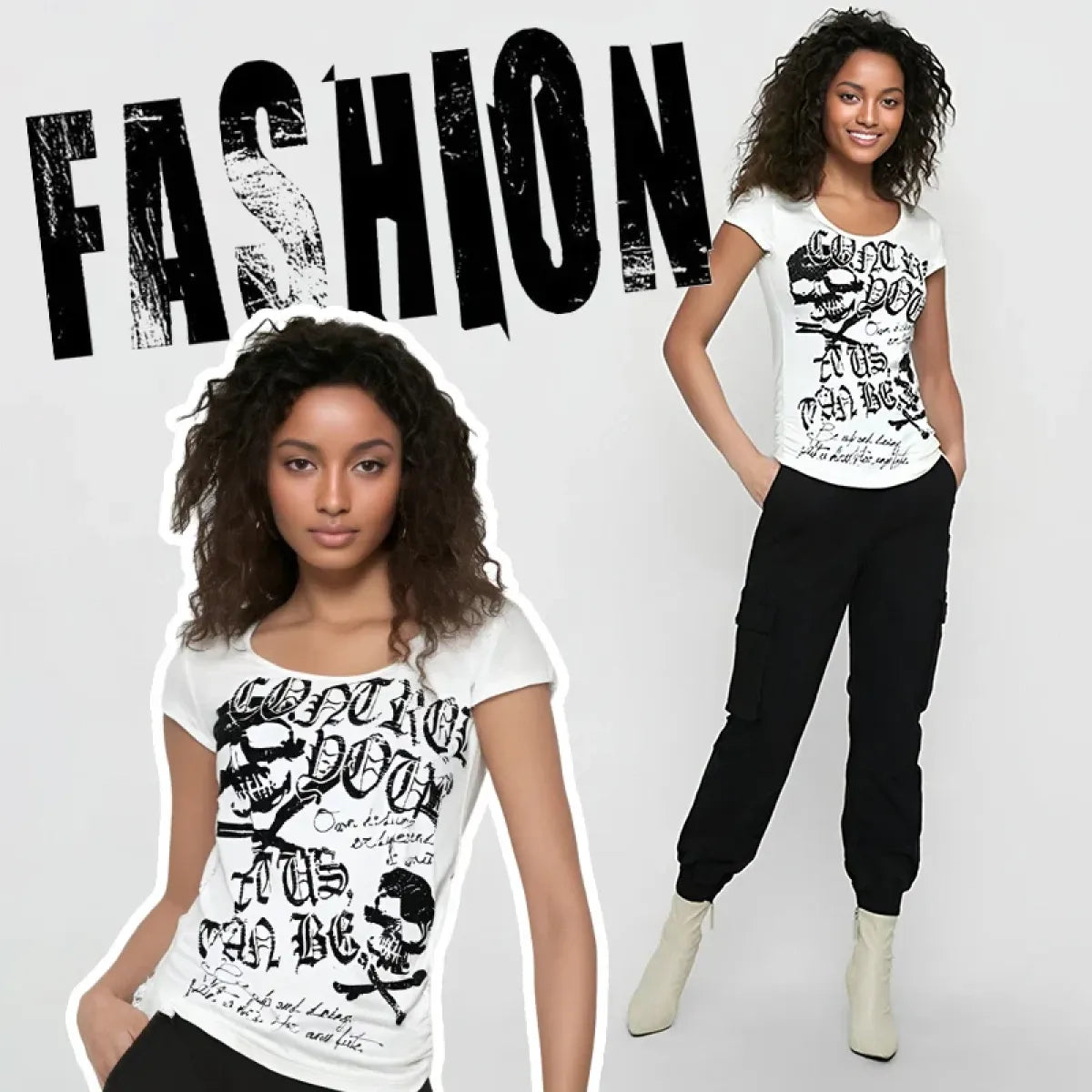 Y2K Gothic Punk T-Shirt – Skeleton Print Slim Fit Tee - T-Shirts - Short - Round - T-Shirts - 3