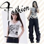 Y2K Gothic Punk T-Shirt – Skeleton Print Slim Fit Tee - T-Shirts - Short - Round - T-Shirts - 2
