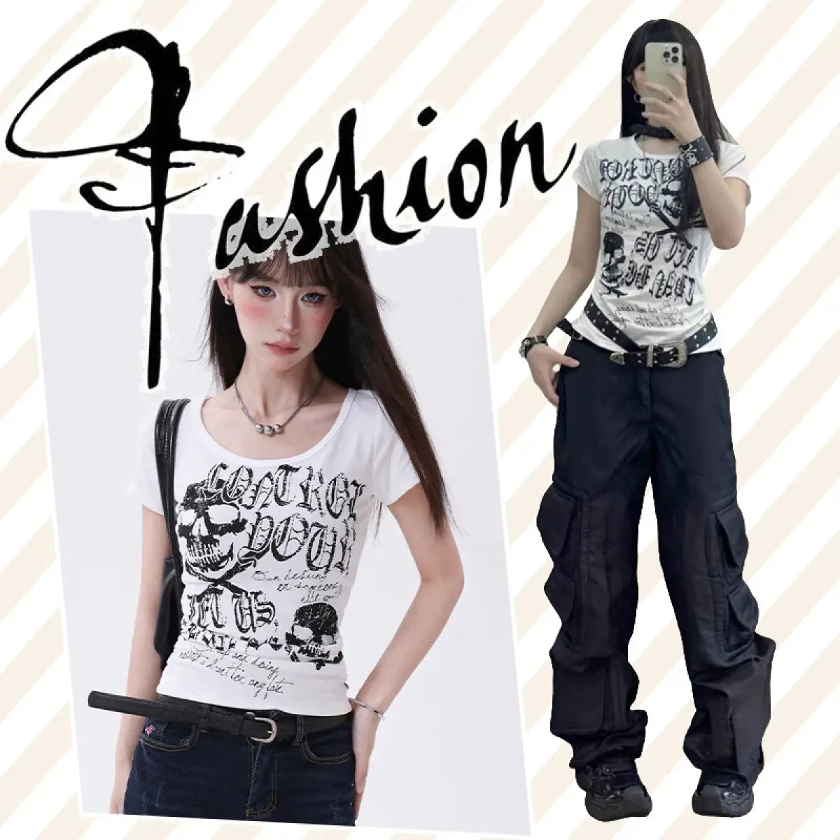 Y2K Gothic Punk T-Shirt – Skeleton Print Slim Fit Tee - T-Shirts - Short - Round - T-Shirts - 2