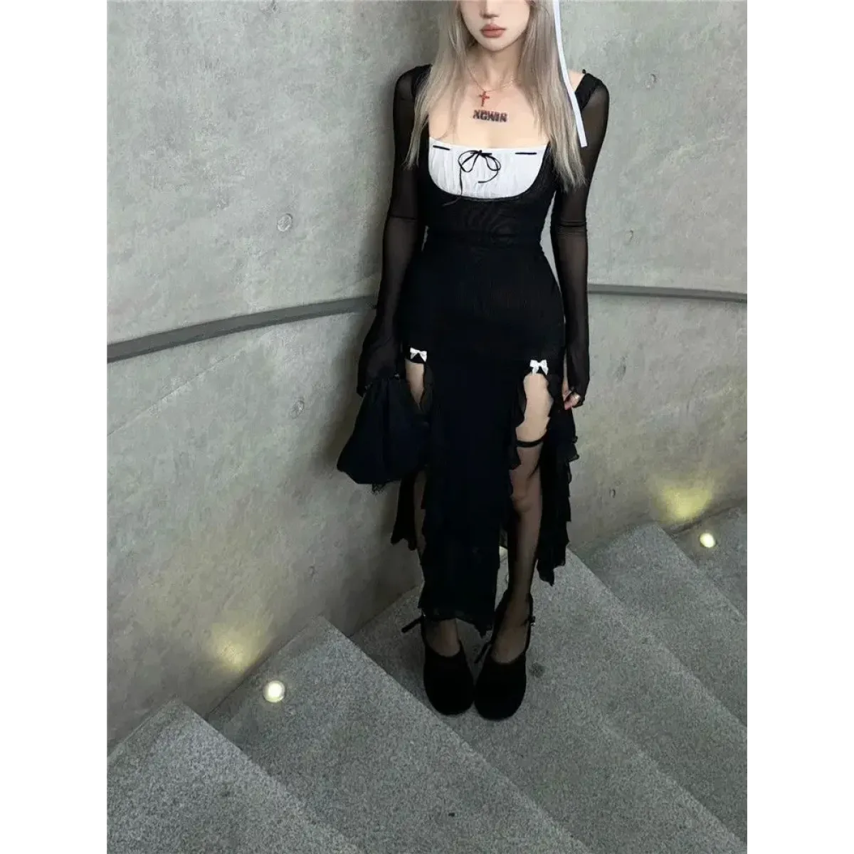 Y2K Gothic Split Bow Slim Midi Dress - All Dresses - Midi Dress - 1
