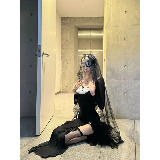 Y2K Gothic Split Bow Slim Midi Dress - All Dresses - Midi Dress - 2