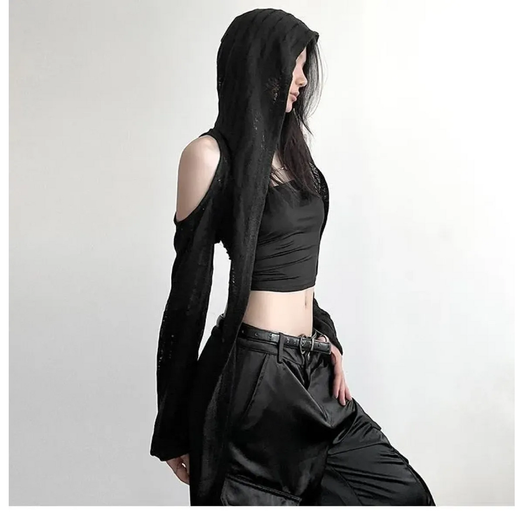 Y2K Grunge Black Hollow Out Hoodie – Slim Fit Long Sleeve Tee - T-Shirts - Hooded - Women’s Hoodies - 5