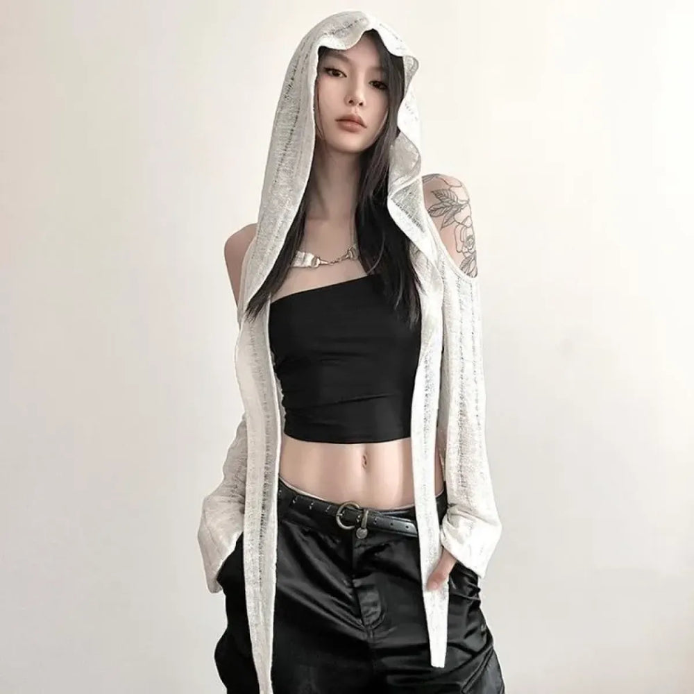 Y2K Grunge Black Hollow Out Hoodie – Slim Fit Long Sleeve Tee - T-Shirts - Hooded - Women’s Hoodies - 1