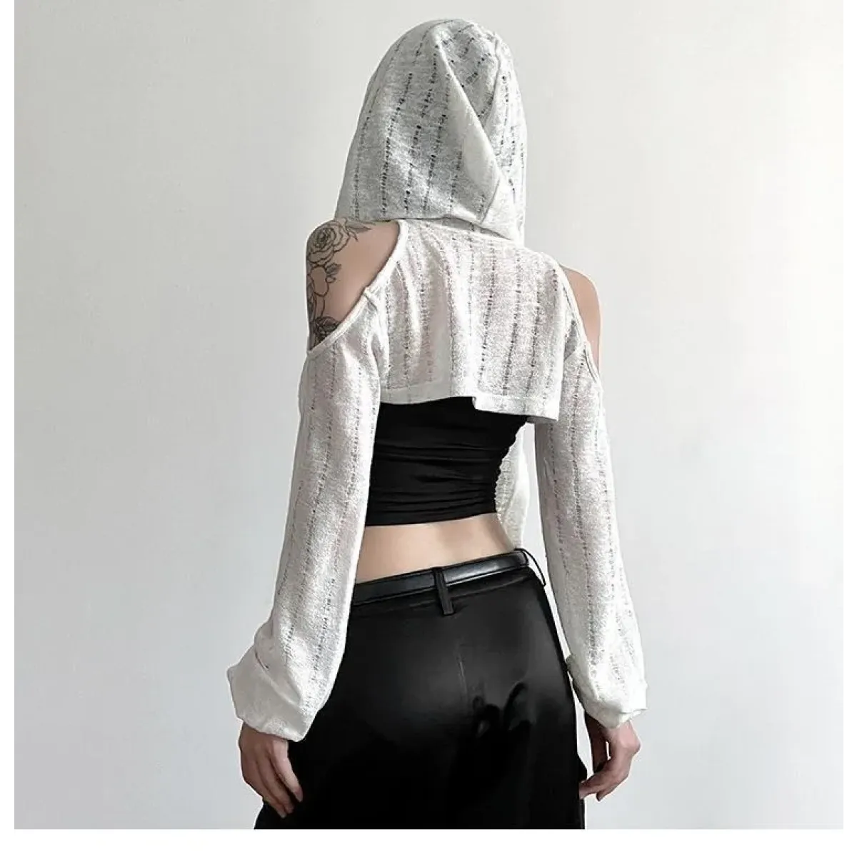 Y2K Grunge Black Hollow Out Hoodie – Slim Fit Long Sleeve Tee - T-Shirts - Hooded - Women’s Hoodies - 3