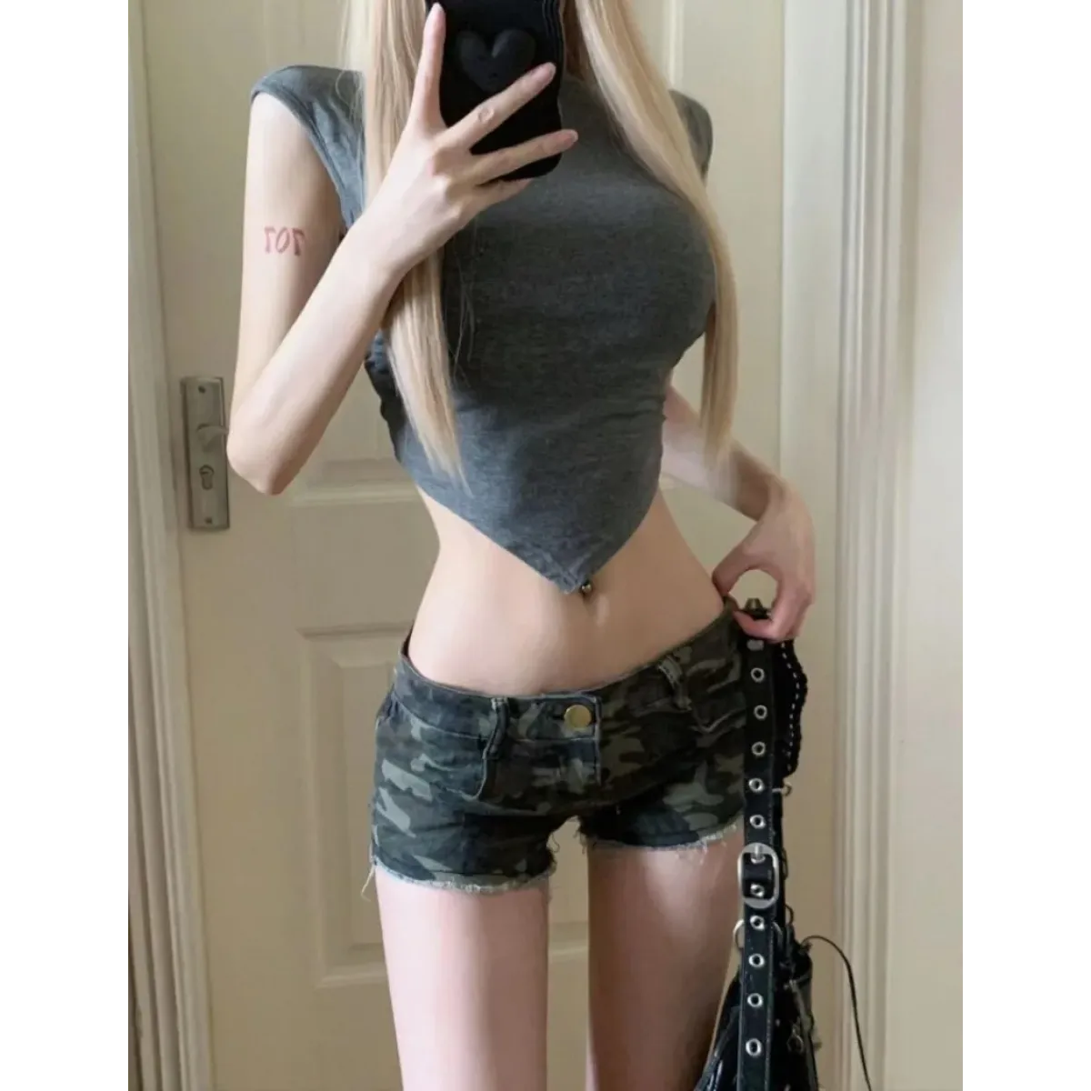 Y2K Grunge Camo Denim Shorts – Vintage Low Waist Bodycon Jeans - Bottoms - Women’s Shorts - 4