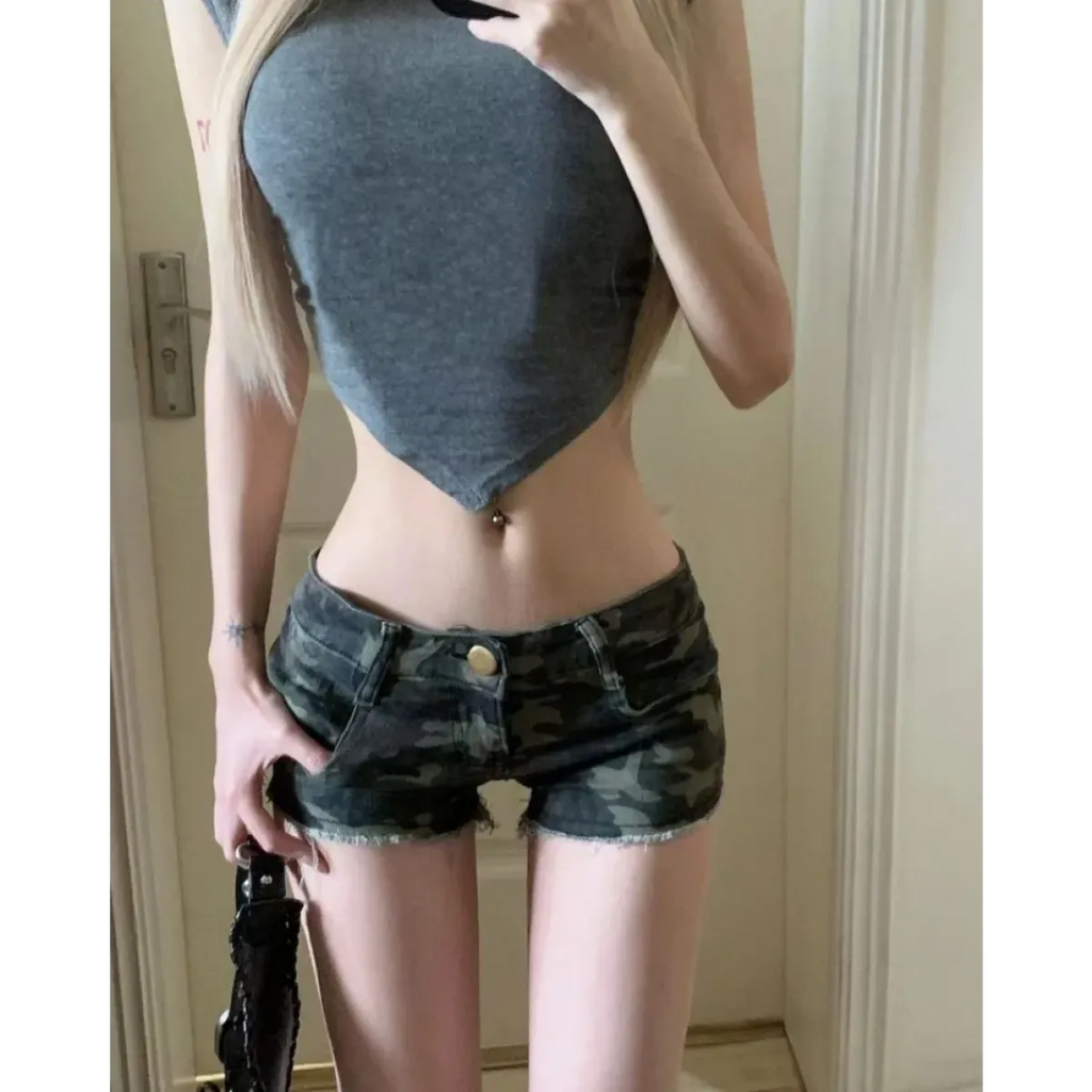 Y2K Grunge Camo Denim Shorts – Vintage Low Waist Bodycon Jeans - Bottoms - Women’s Shorts - 5