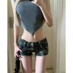Y2K Grunge Camo Denim Shorts – Vintage Low Waist Bodycon Jeans - Bottoms - Women’s Shorts - 5
