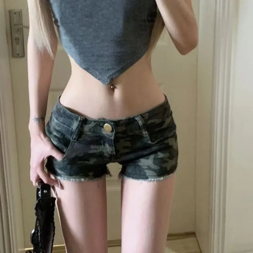 Y2K Grunge Camo Denim Shorts – Vintage Low Waist Bodycon Jeans - Bottoms - Women’s Shorts - 2