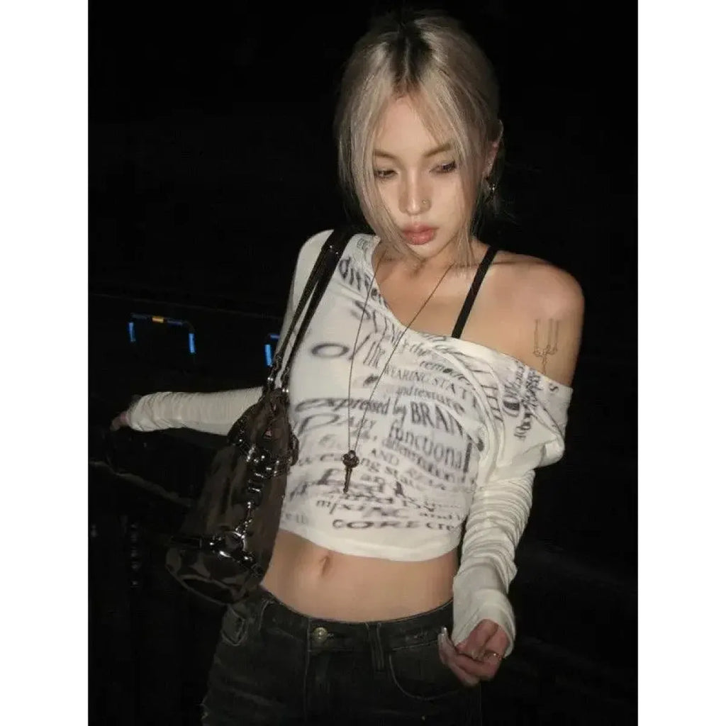 White Off-Shoulder Letter Print Top – Y2K Grunge Crop Tee - T-Shirts - Long - V-neck - T-Shirts - 3