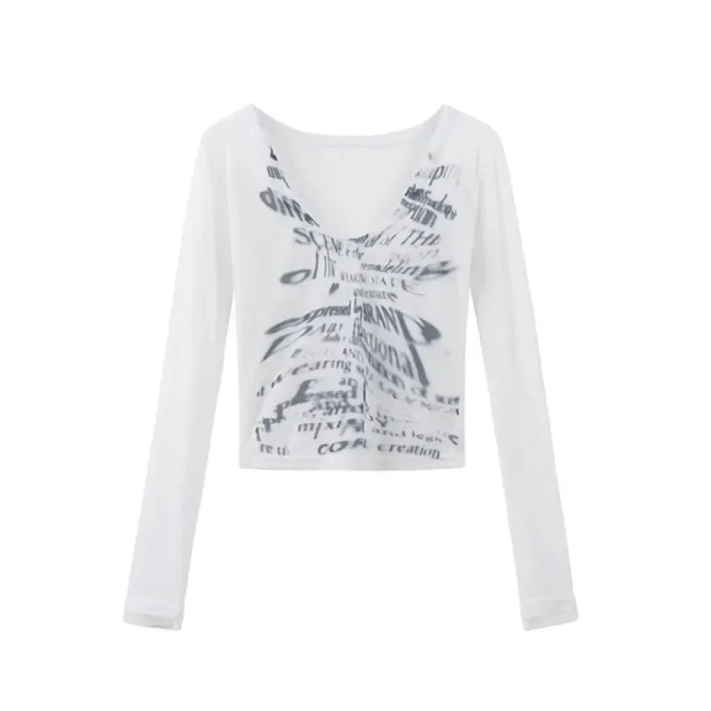 White Off-Shoulder Letter Print Top – Y2K Grunge Crop Tee - T-Shirts - Long - V-neck - T-Shirts - 6