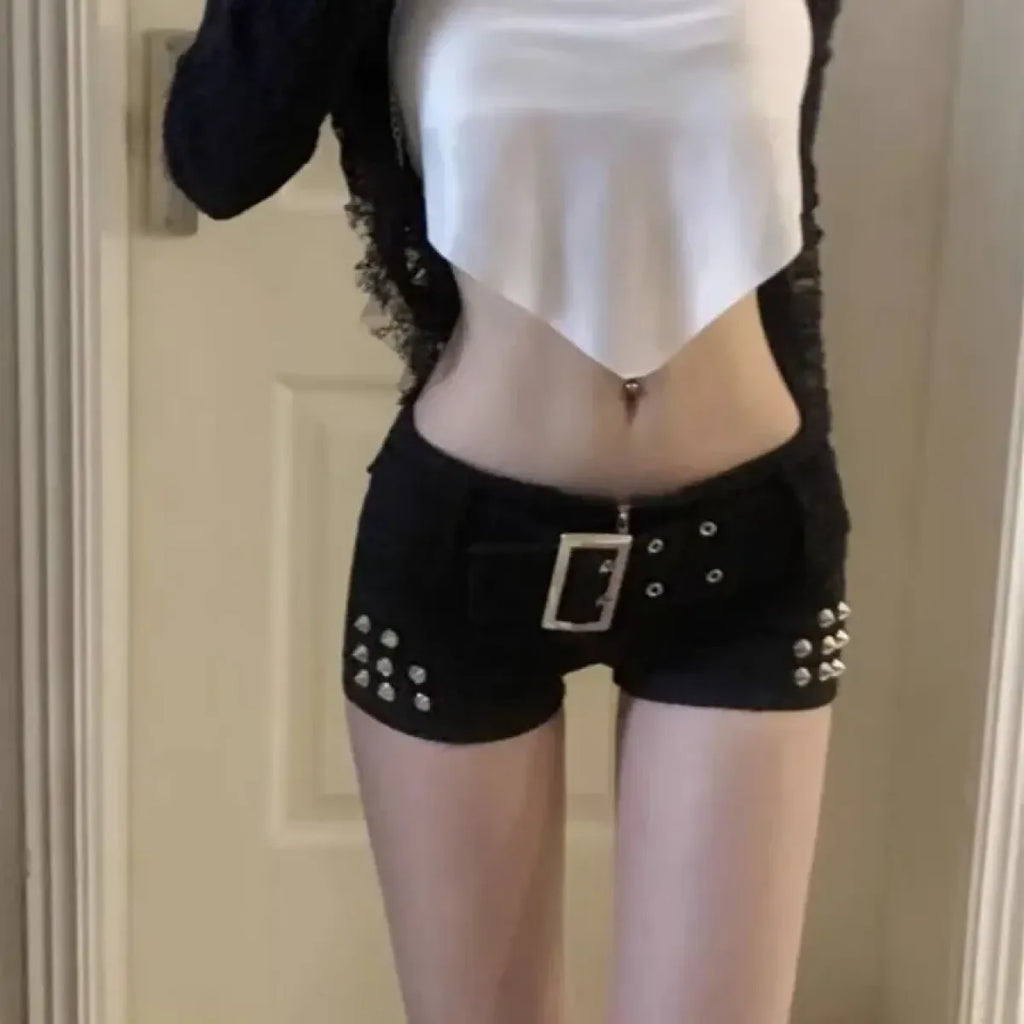 Low Waist Rivet Shorts – Y2K Grunge Harajuku Denim Bottoms - Bottoms - Women’s Jeans - 1