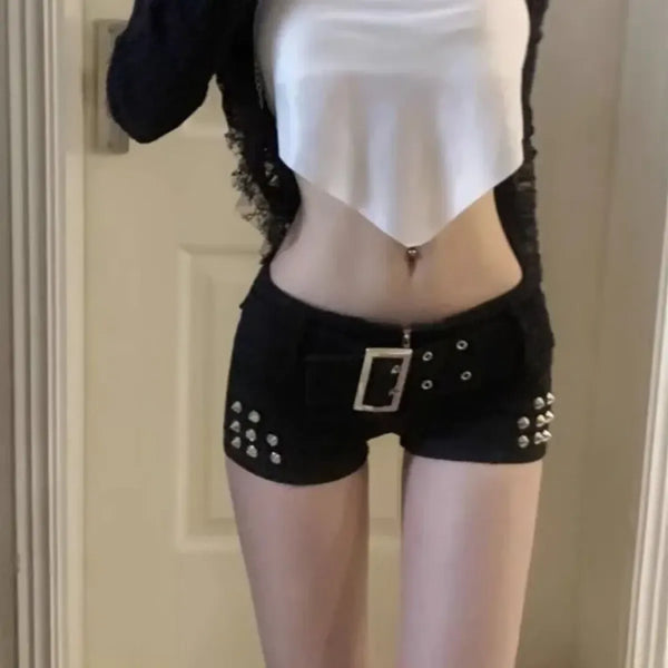 Low Waist Rivet Shorts – Y2K Grunge Harajuku Denim Bottoms - Bottoms - Women’s Jeans - 1