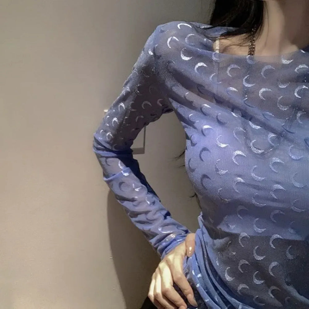 Moon Mesh Top – Y2K Grunge Long Sleeve Slim Fit Tee - T-Shirts - Long - Round - Tops - 1
