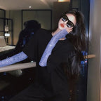 Moon Mesh Top – Y2K Grunge Long Sleeve Slim Fit Tee - T-Shirts - Long - Round - Tops - 2