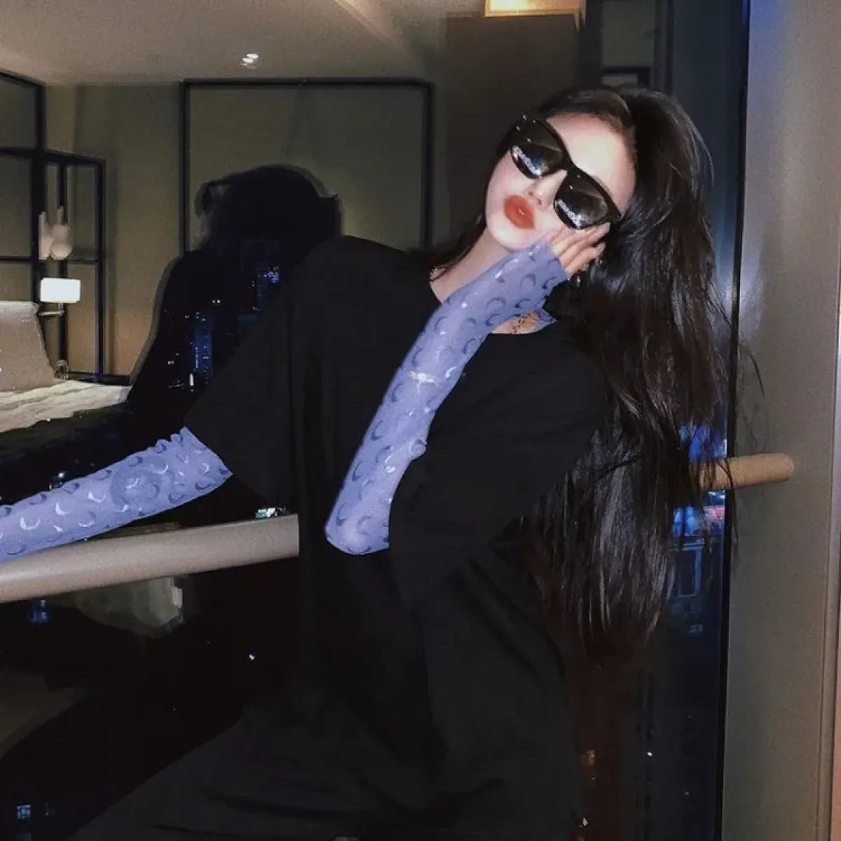 Moon Mesh Top – Y2K Grunge Long Sleeve Slim Fit Tee - T-Shirts - Long - Round - Tops - 2