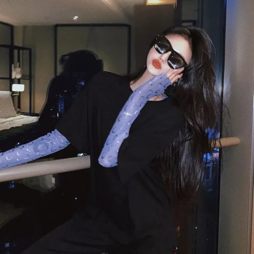 Moon Mesh Top – Y2K Grunge Long Sleeve Slim Fit Tee - T-Shirts - Long - Round - Tops - 2