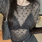 Moon Mesh Top – Y2K Grunge Long Sleeve Slim Fit Tee - T-Shirts - Long - Round - Tops - 5