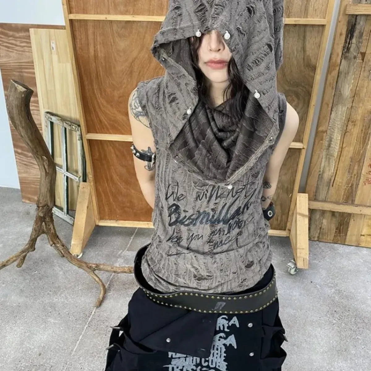 Distressed Hoodie Tank Top – Y2K Grunge Pearl Detail Tee - T-Shirts - Hooded - Tank Tops - 1