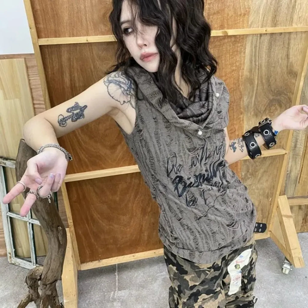 Distressed Hoodie Tank Top – Y2K Grunge Pearl Detail Tee - T-Shirts - Hooded - Tank Tops - 2