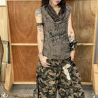 Distressed Hoodie Tank Top – Y2K Grunge Pearl Detail Tee - T-Shirts - Hooded - Tank Tops - 3